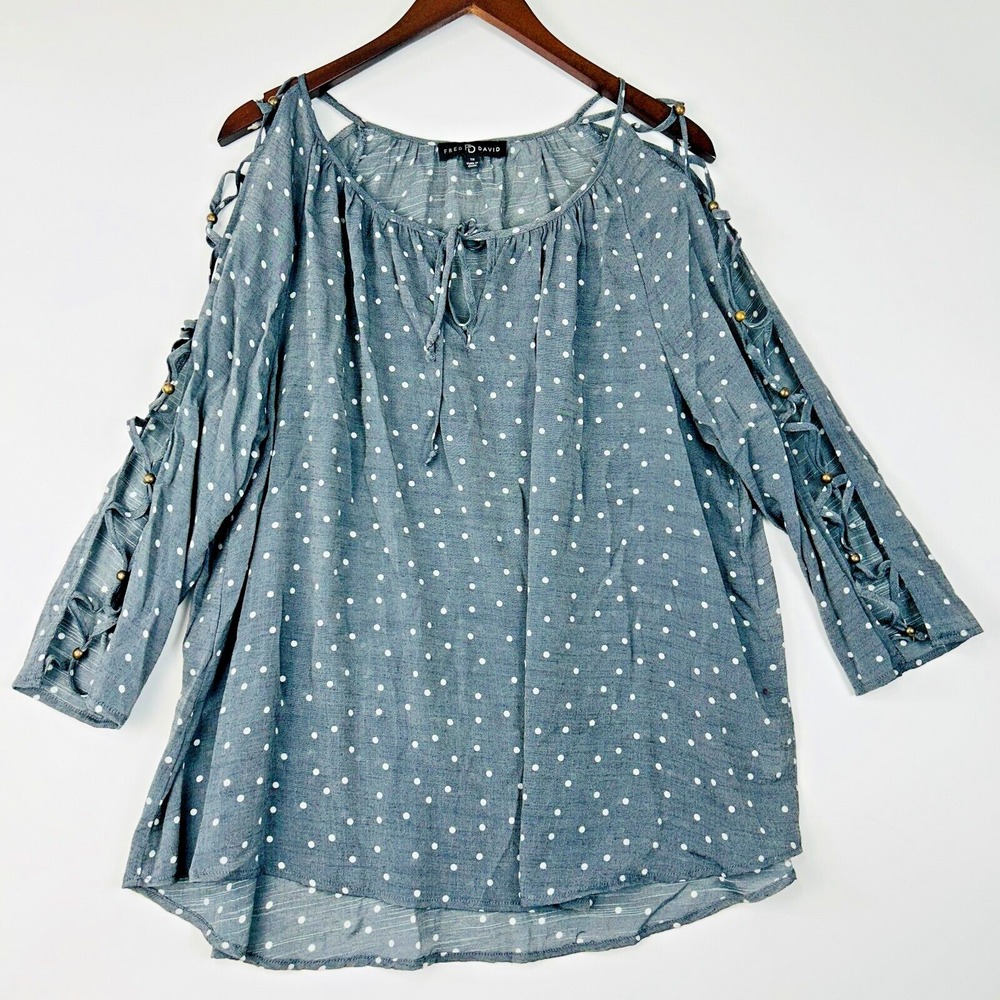 Fred David Blouse Plus Size 1X Polka Dot Lace Corset Beaded Open Sleeve Rayon